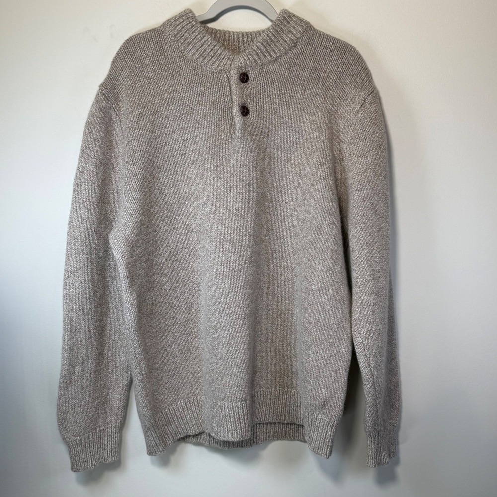 Excellent LL Bean Lambswool Sweater Mens XL Tan Mock Neck Preppy Grandpa Natural